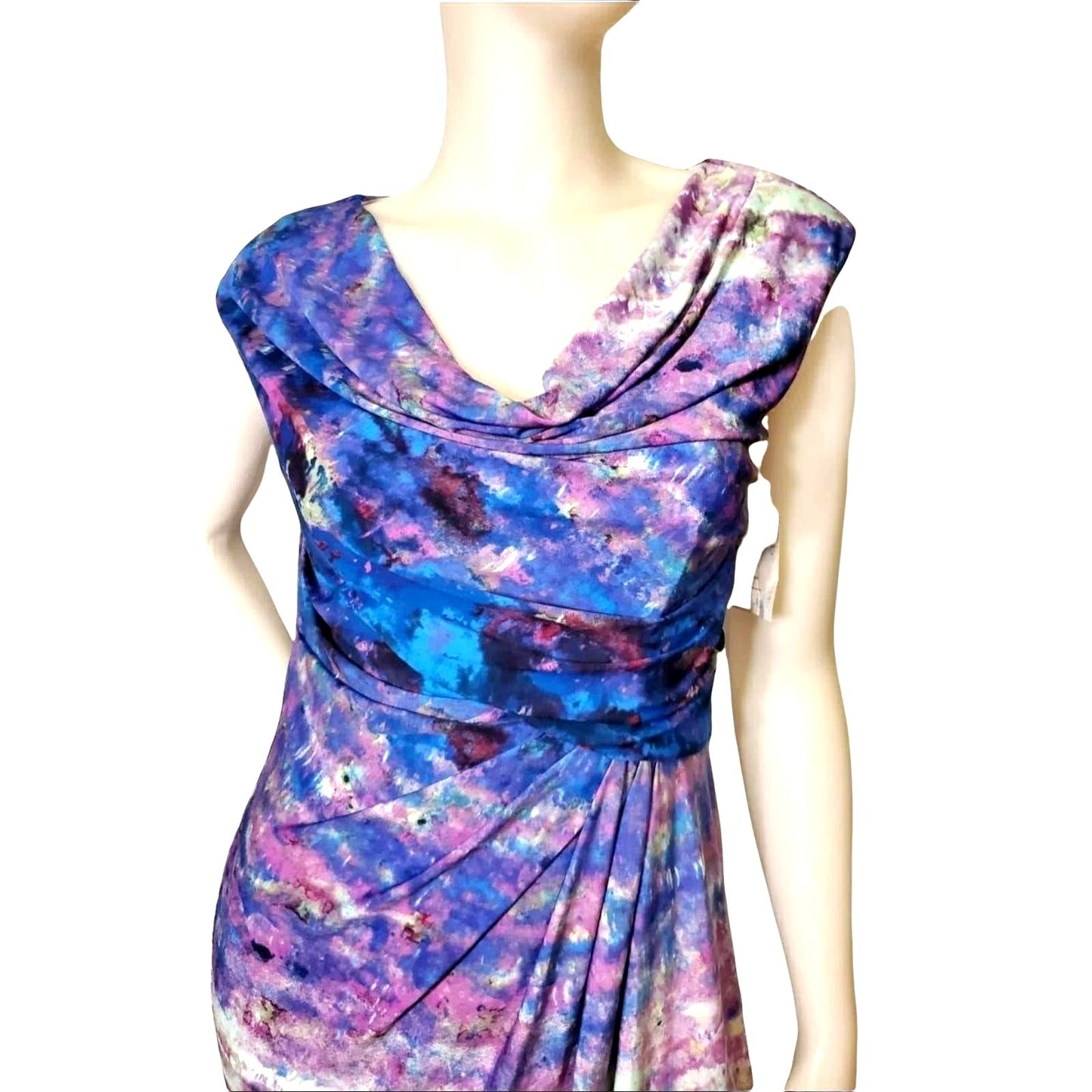 Suzi Chin Sm Y2k Dress Drape Neck Knee Length Sheath Tie-dye Bodycon Dead Stock