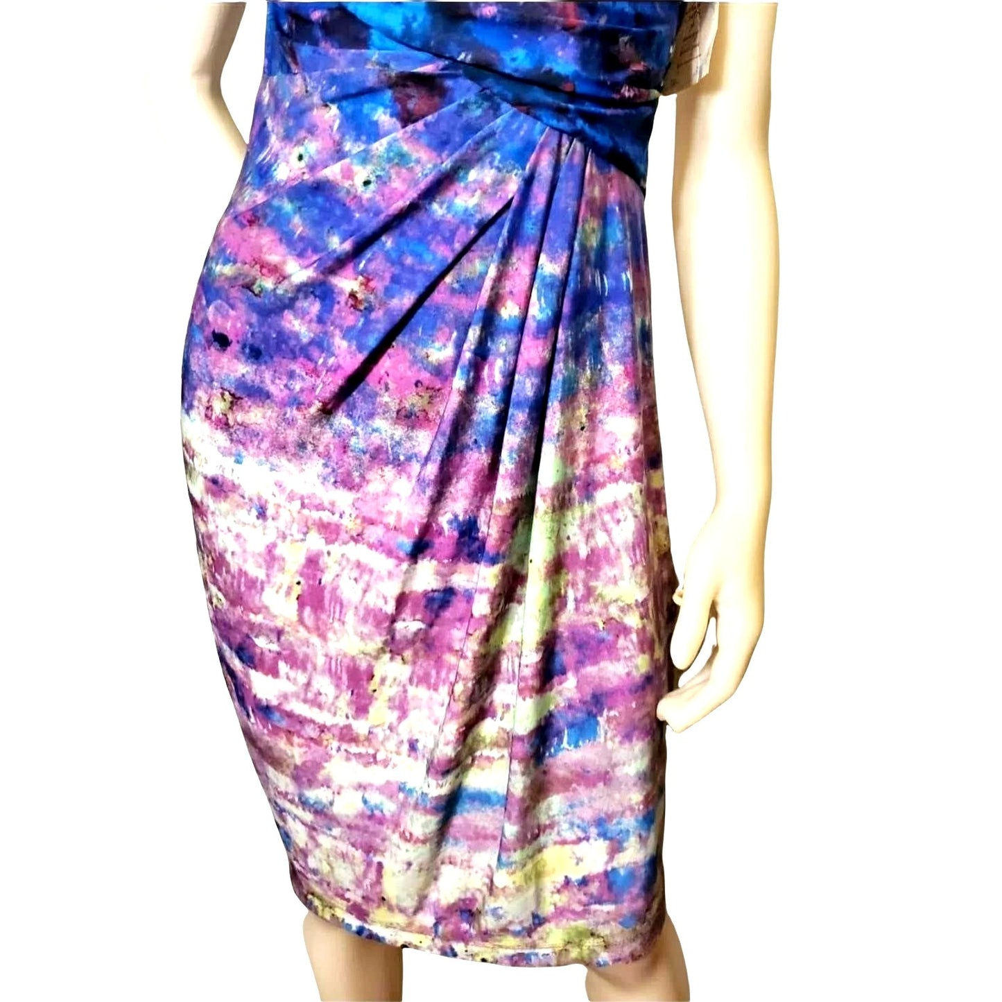 Suzi Chin Sm Y2k Dress Drape Neck Knee Length Sheath Tie-dye Bodycon Dead Stock