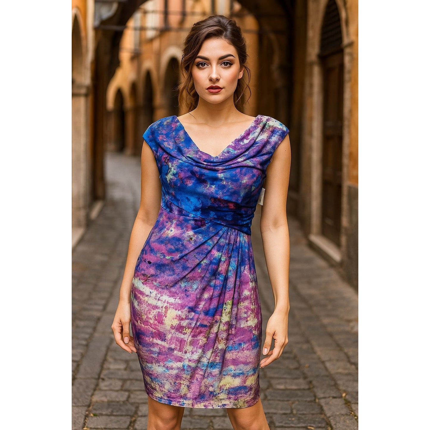 Suzi Chin Sm Y2k Dress Drape Neck Knee Length Sheath Tie-dye Bodycon Dead Stock