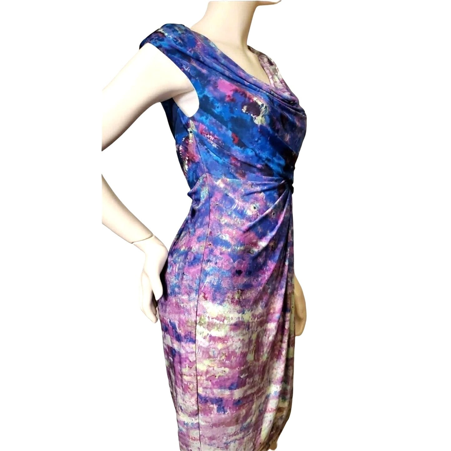 Suzi Chin Sm Y2k Dress Drape Neck Knee Length Sheath Tie-dye Bodycon Dead Stock