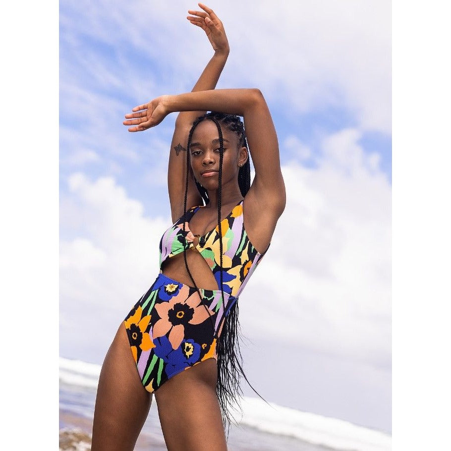 Roxy Anthracite Color Jam One-Piece Swimsuit Floral Retro High-rise Swimwear