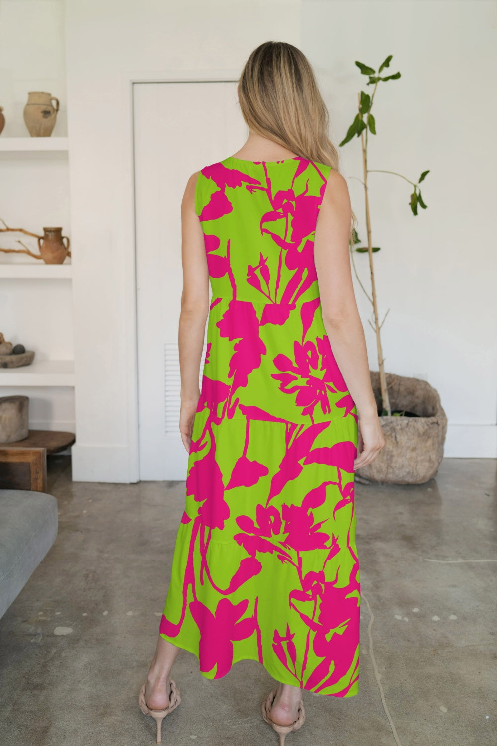 Bold Colorful Retro Floral Sleeveless Tiered V-Neck Oversized Summer Maxi Dress