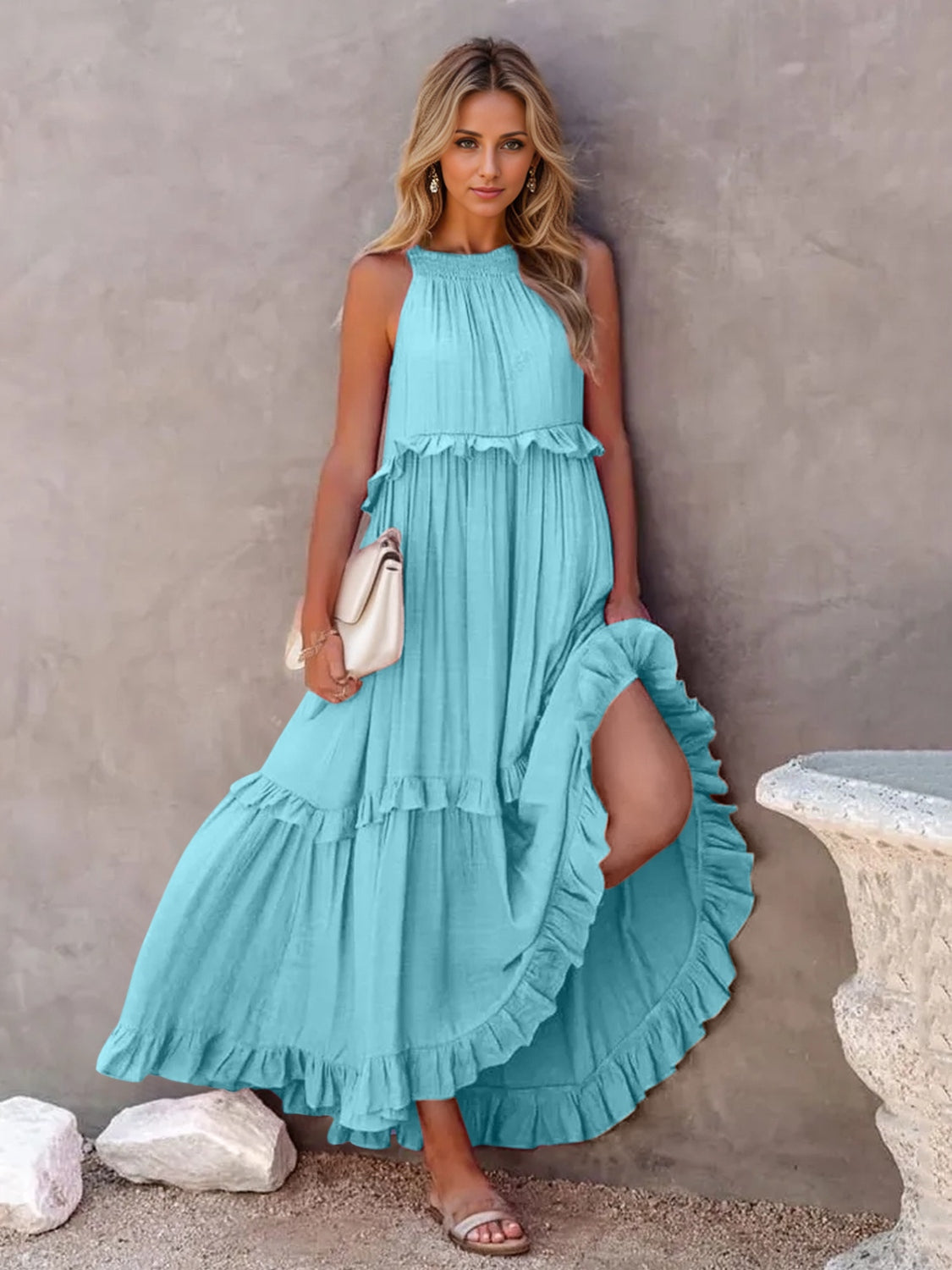 Ruffle Sleeveless Grecian Tie Back Tiered Summer Side Pocket Oversized High-Low Maxi Dress