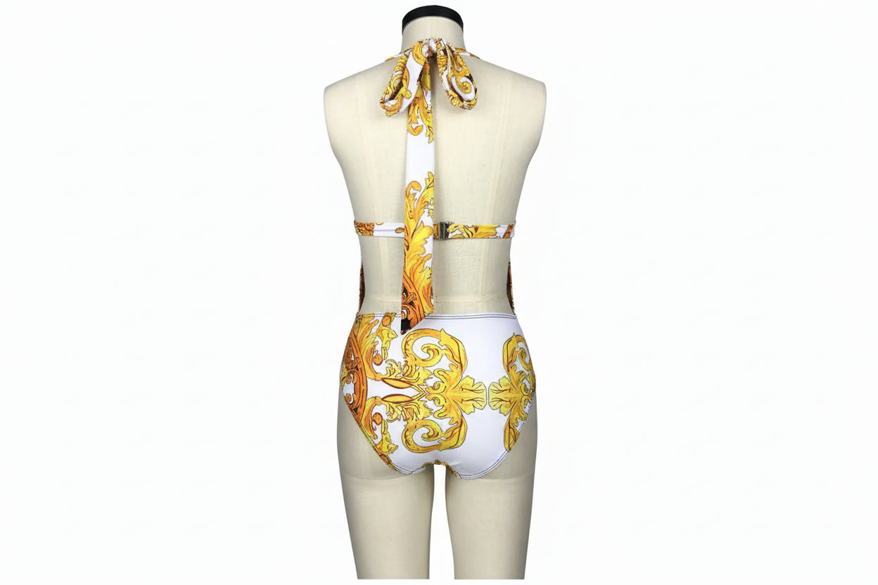 Baroque Swimwear Set Plunge Halter Neck One-Piece Longline Swim Cover-Up
