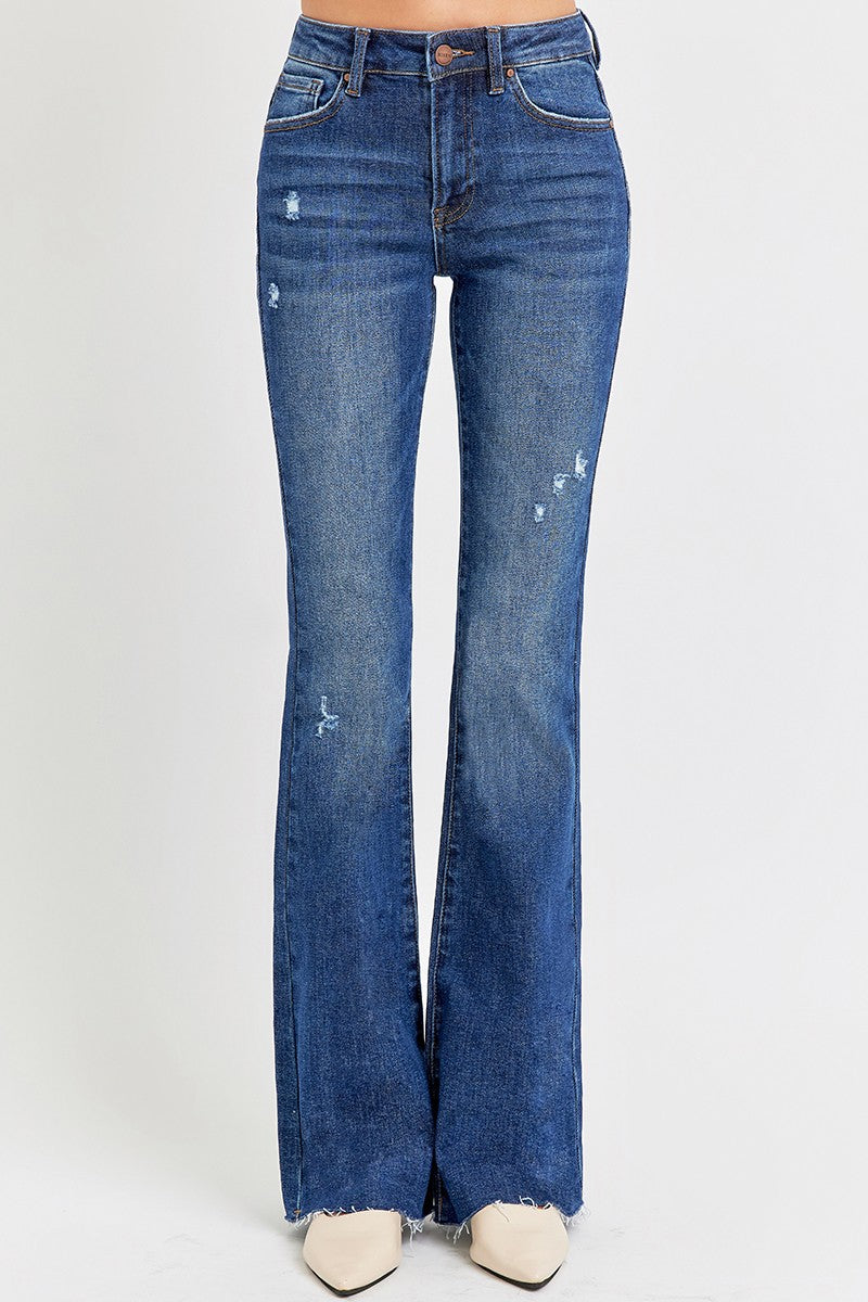 RISEN Mid-Rise Jeans Slim Fit Flare Leg Distressed Frayed Raw Hem Denim Pants Plus Size Available