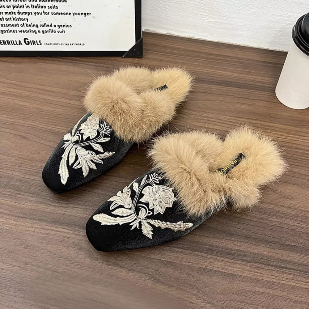 Victorian Floral Embroidered Faux Fur Trim Vegan Suede Slippers Slip-On House Shoes