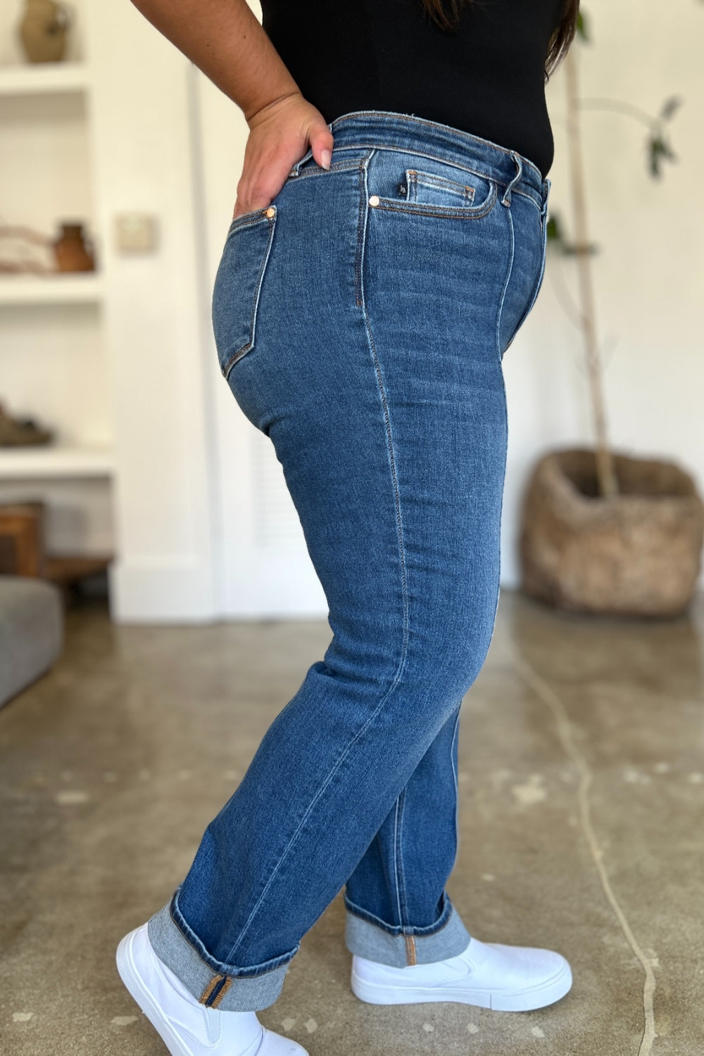 High-Rise Exposed Seam Straight Leg Jeans Dark Denim Pants Judy Blue