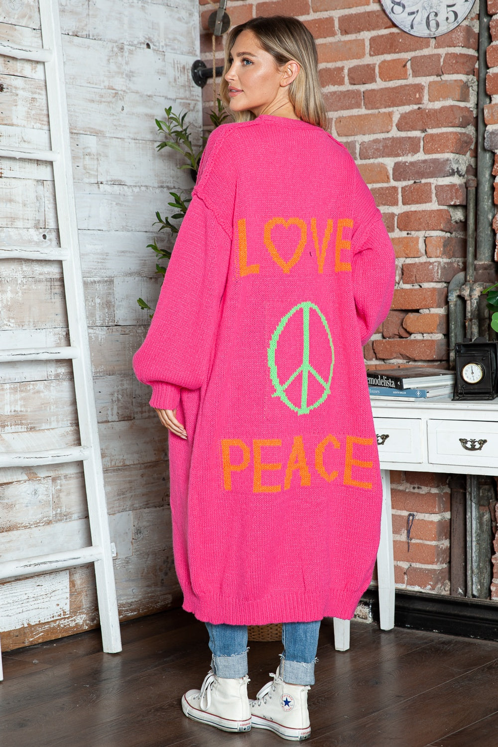 LOVE PEACE Oversized Knit Exposed Seam Longline Patch Pocket Duster Long Cardigan