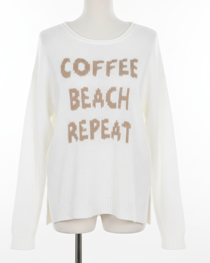 Coffee Beach Repeat Lightweight Open Knit Long Sleeve Slit Hem Boxy Sweater Top