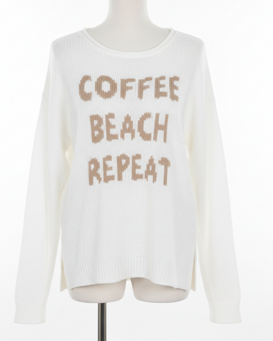 Coffee Beach Repeat Lightweight Open Knit Long Sleeve Slit Hem Boxy Sweater Top