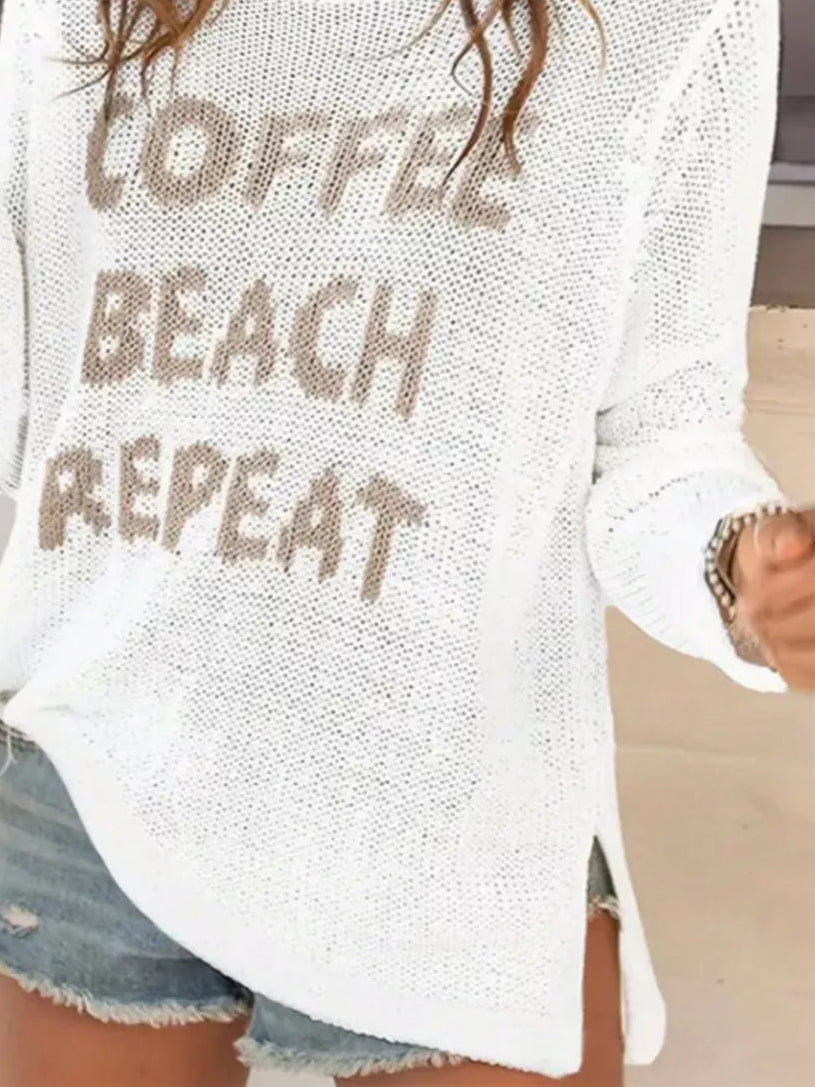 Coffee Beach Repeat Lightweight Open Knit Long Sleeve Slit Hem Boxy Sweater Top