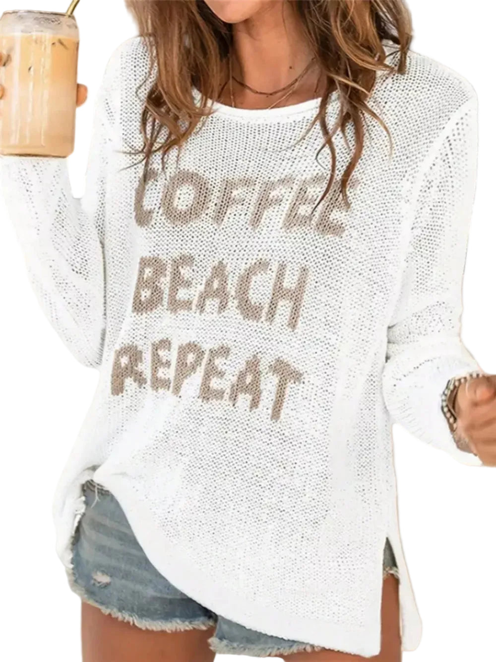 Coffee Beach Repeat Lightweight Open Knit Long Sleeve Slit Hem Boxy Sweater Top