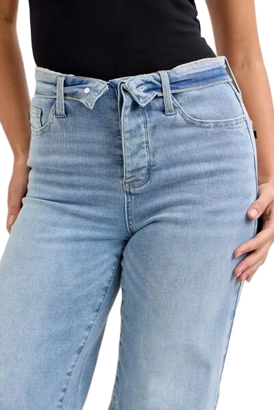 Judy Blue Mid-Rise Fold Over Waist 90s Retro Pants Baggy Wide Leg Denim Jeans