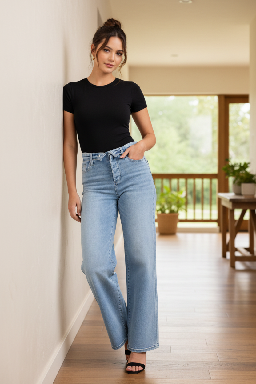 Judy Blue Mid-Rise Fold Over Waist 90s Retro Pants Baggy Wide Leg Denim Jeans