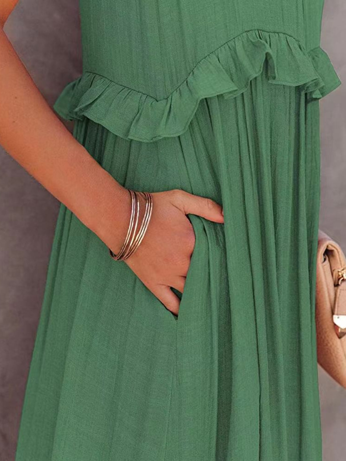 Ruffle Sleeveless Grecian Tie Back Tiered Summer Side Pocket Oversized High-Low Maxi Dress