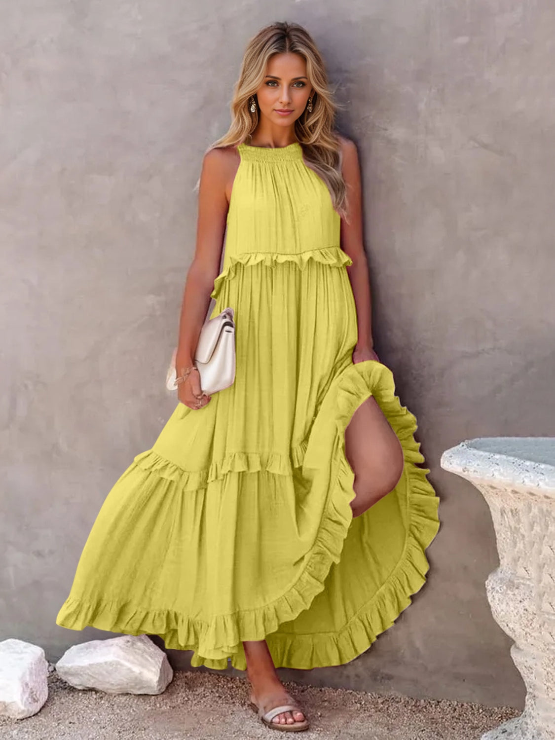 Ruffle Sleeveless Grecian Tie Back Tiered Summer Side Pocket Oversized High-Low Maxi Dress