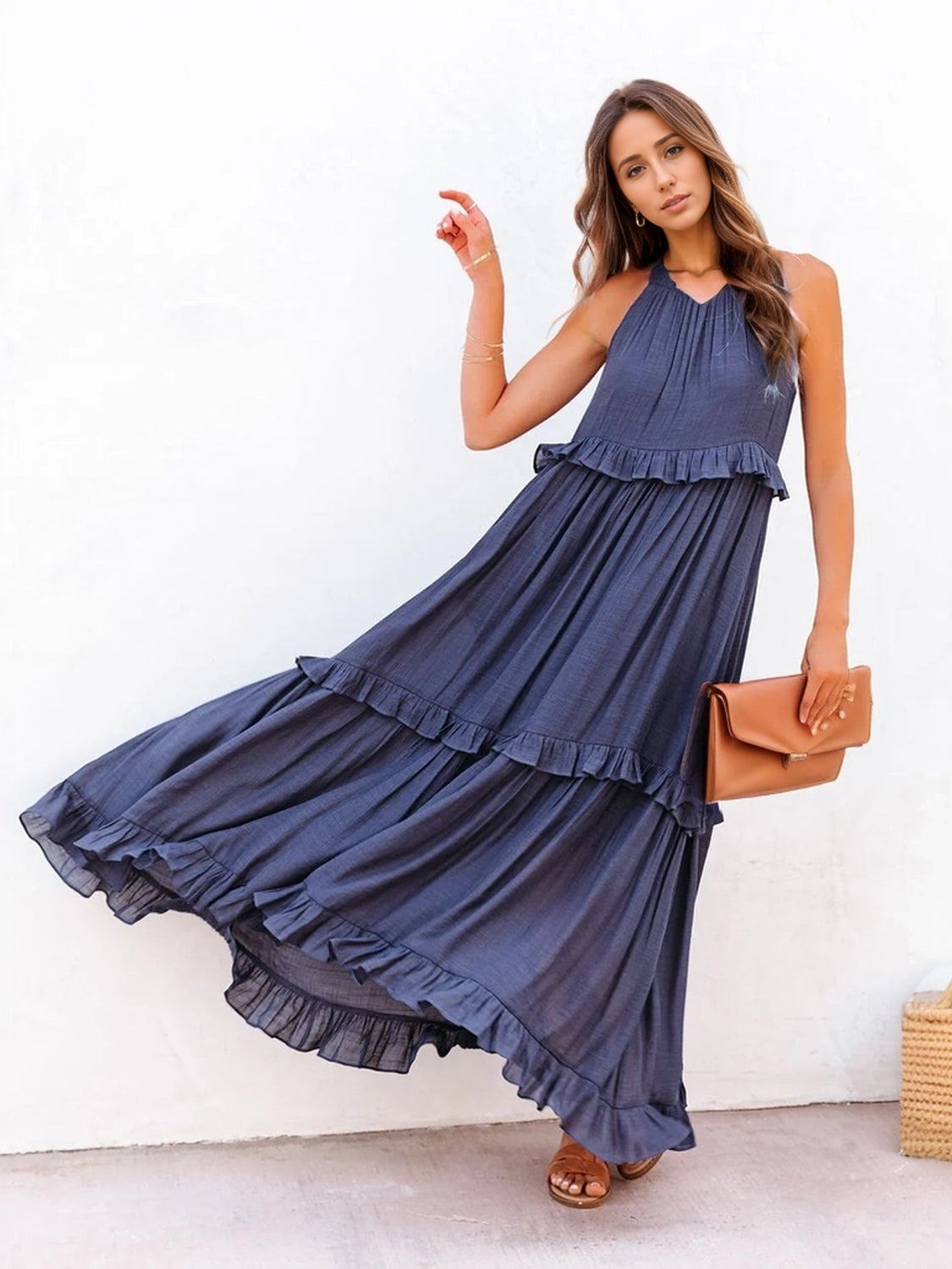 Ruffle Sleeveless Grecian Tie Back Tiered Summer Side Pocket Oversized High-Low Maxi Dress