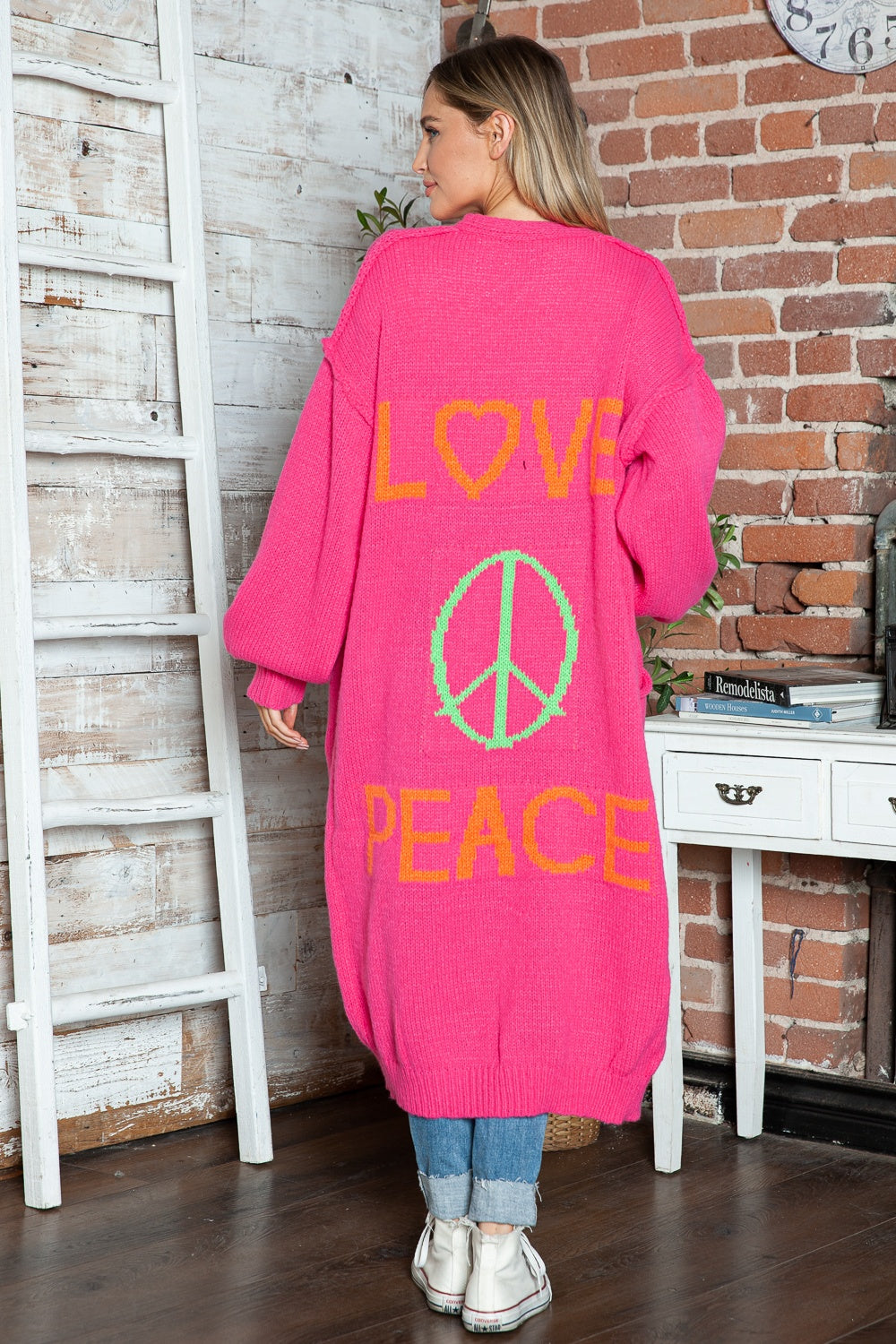 LOVE PEACE Oversized Knit Exposed Seam Longline Patch Pocket Duster Long Cardigan