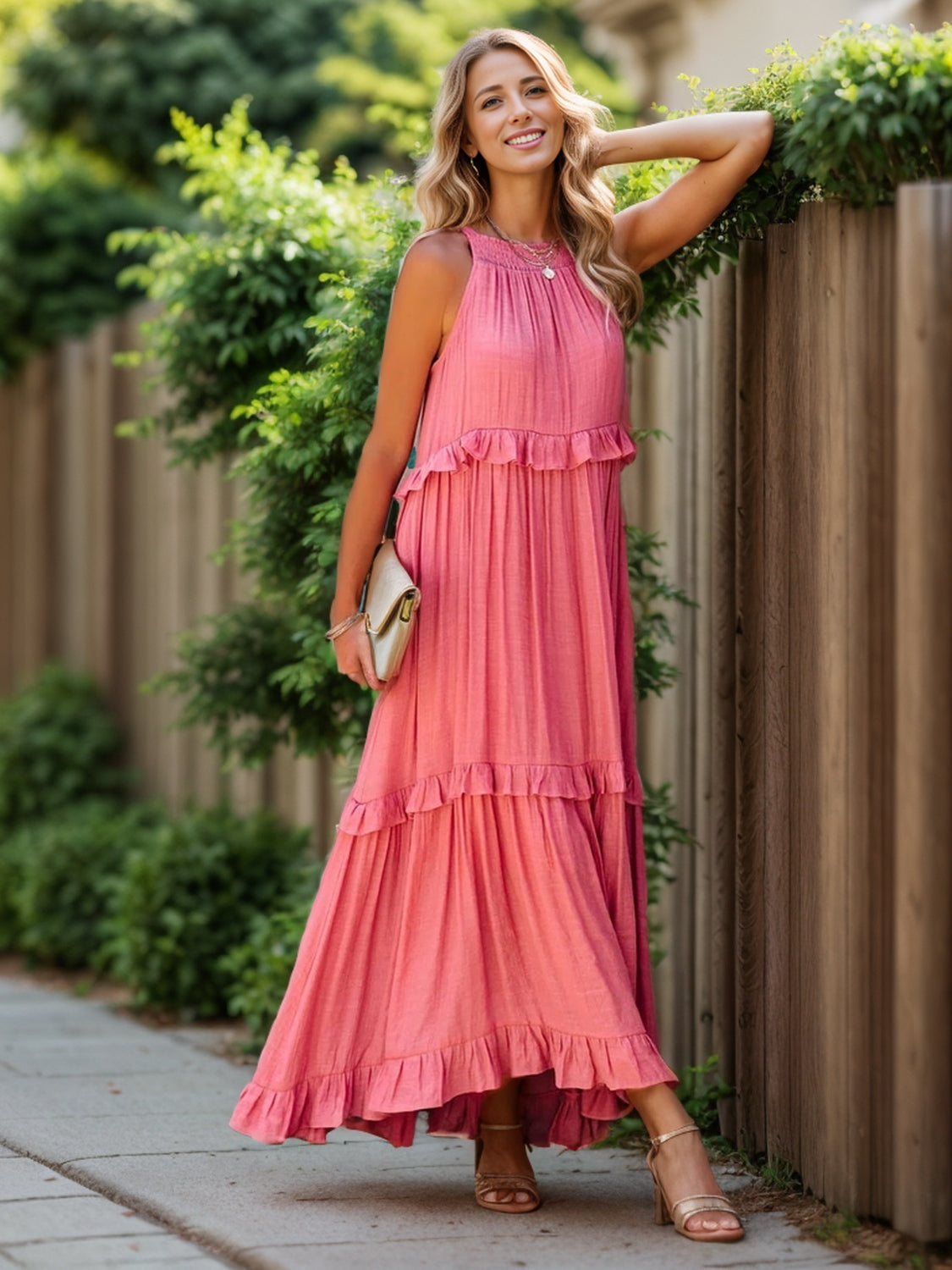 Ruffle Sleeveless Grecian Tie Back Tiered Summer Side Pocket Oversized High-Low Maxi Dress