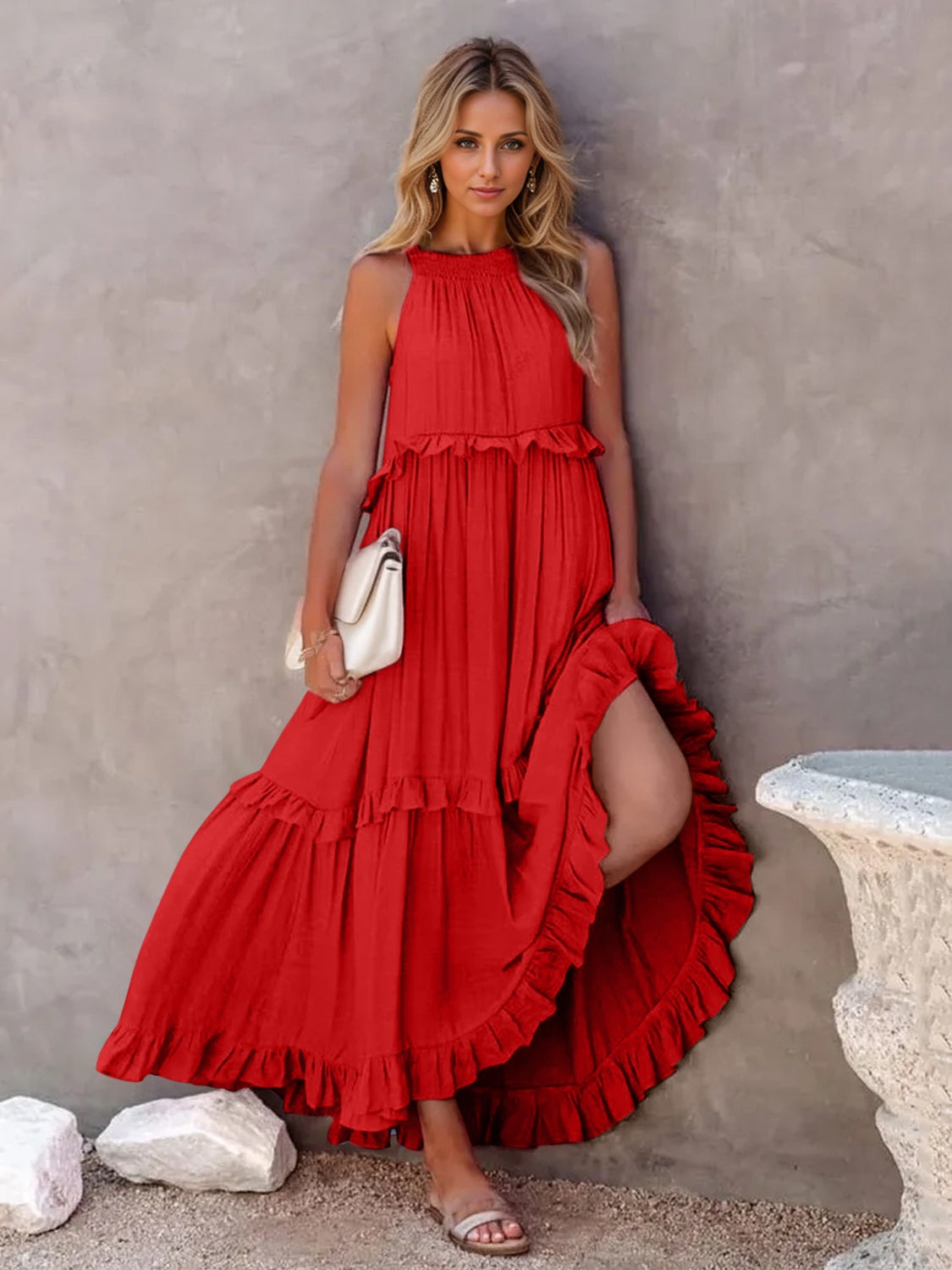 Ruffle Sleeveless Grecian Tie Back Tiered Summer Side Pocket Oversized High-Low Maxi Dress