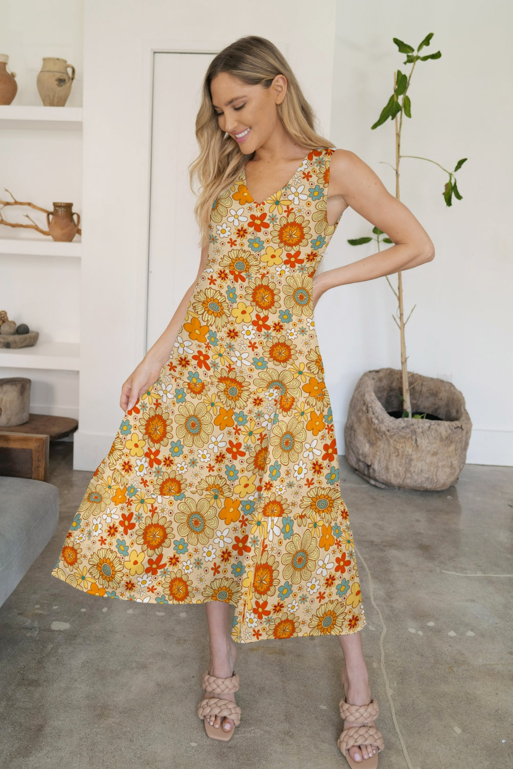 Bold Colorful Retro Floral Sleeveless Tiered V-Neck Oversized Summer Maxi Dress