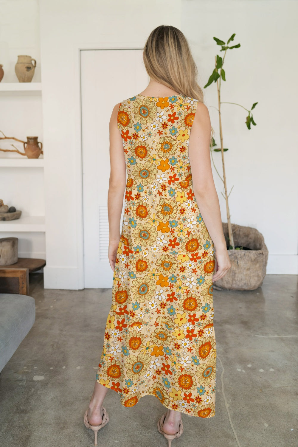 Bold Colorful Retro Floral Sleeveless Tiered V-Neck Oversized Summer Maxi Dress