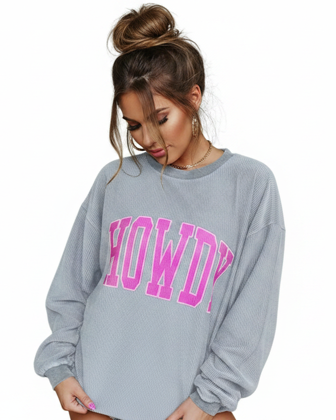 HOWDY Western Top Ribbed Oversized Sweatshirt Long Sleeve Crew Neck Pullover