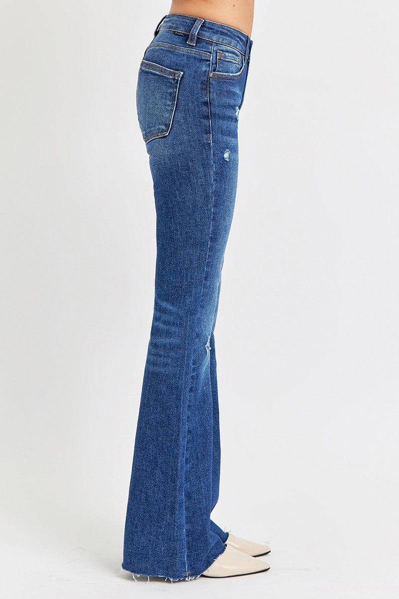 RISEN Mid-Rise Jeans Slim Fit Flare Leg Distressed Frayed Raw Hem Denim Pants Plus Size Available
