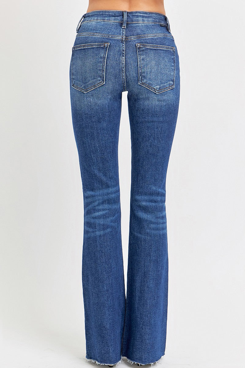 RISEN Mid-Rise Jeans Slim Fit Flare Leg Distressed Frayed Raw Hem Denim Pants Plus Size Available