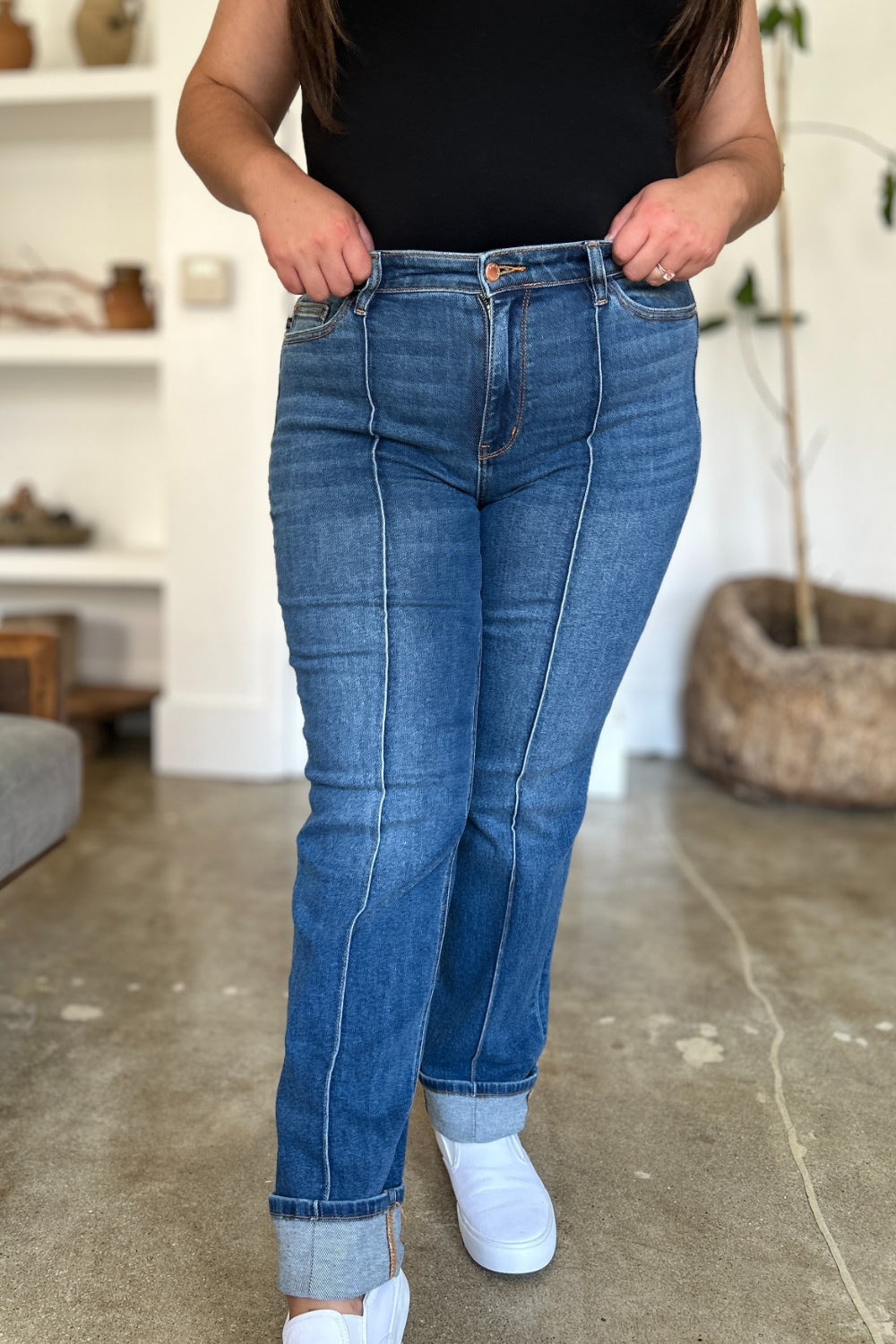 High-Rise Exposed Seam Straight Leg Jeans Dark Denim Pants Judy Blue