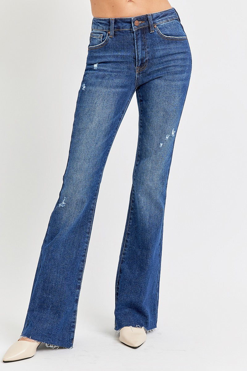 RISEN Mid-Rise Jeans Slim Fit Flare Leg Distressed Frayed Raw Hem Denim Pants Plus Size Available