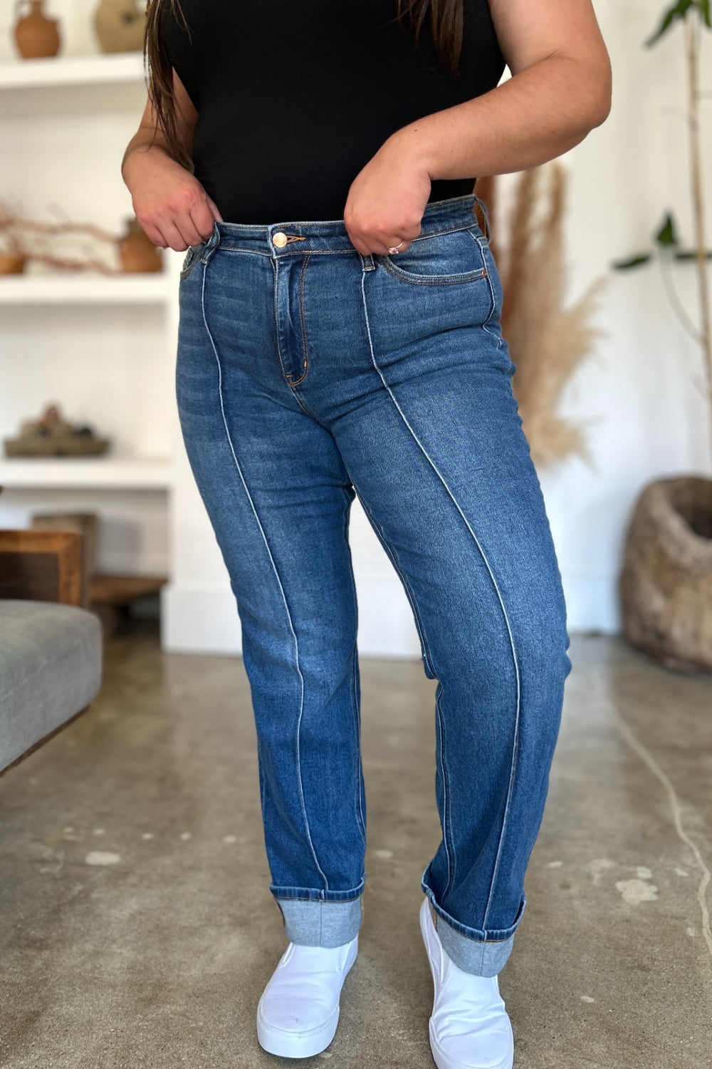 High-Rise Exposed Seam Straight Leg Jeans Dark Denim Pants Judy Blue