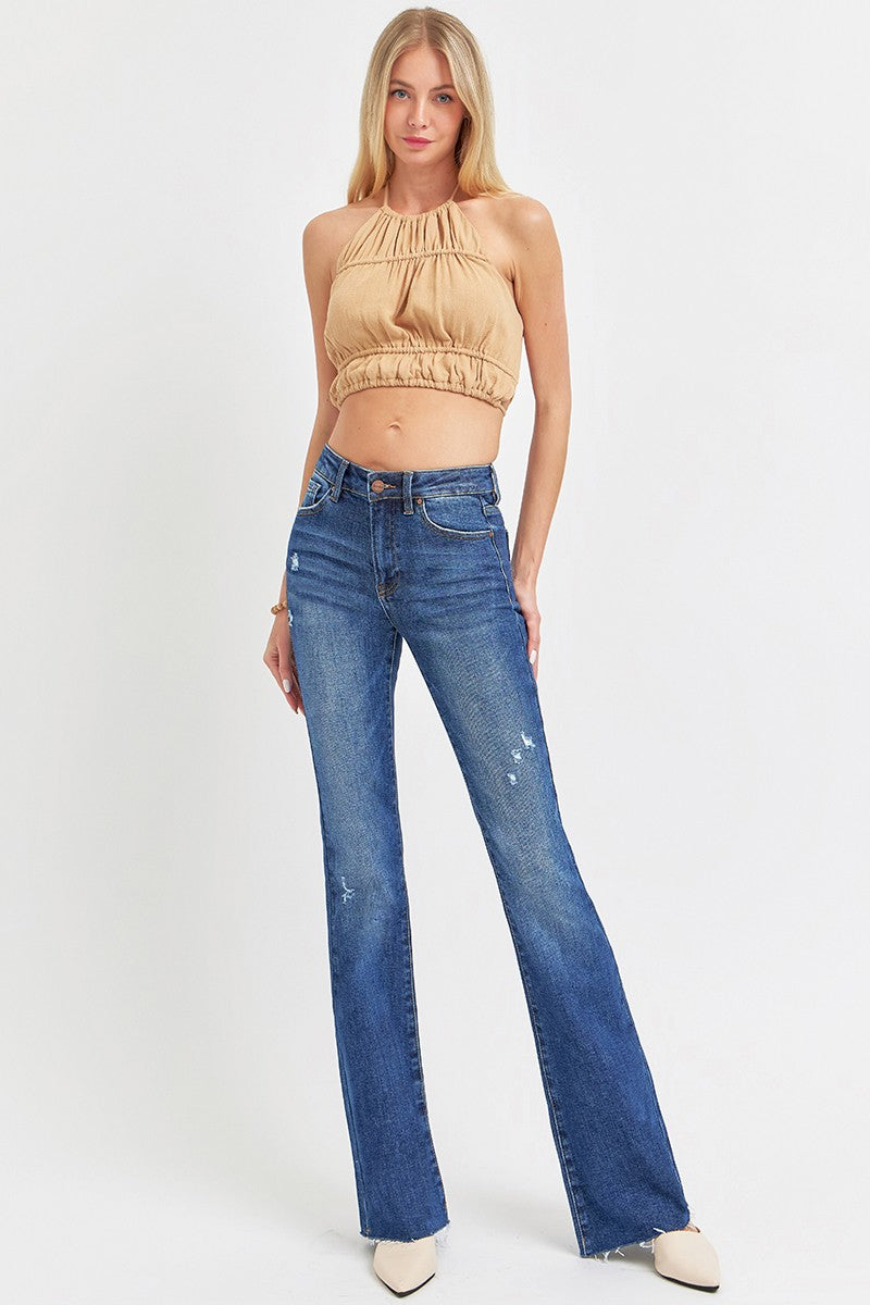 RISEN Mid-Rise Jeans Slim Fit Flare Leg Distressed Frayed Raw Hem Denim Pants Plus Size Available
