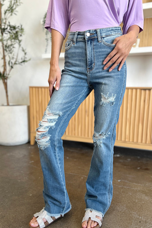 Retro 90s Distressed Bootcut Jeans Torn Hem Mid-Rise Denim Pants Judy Blue