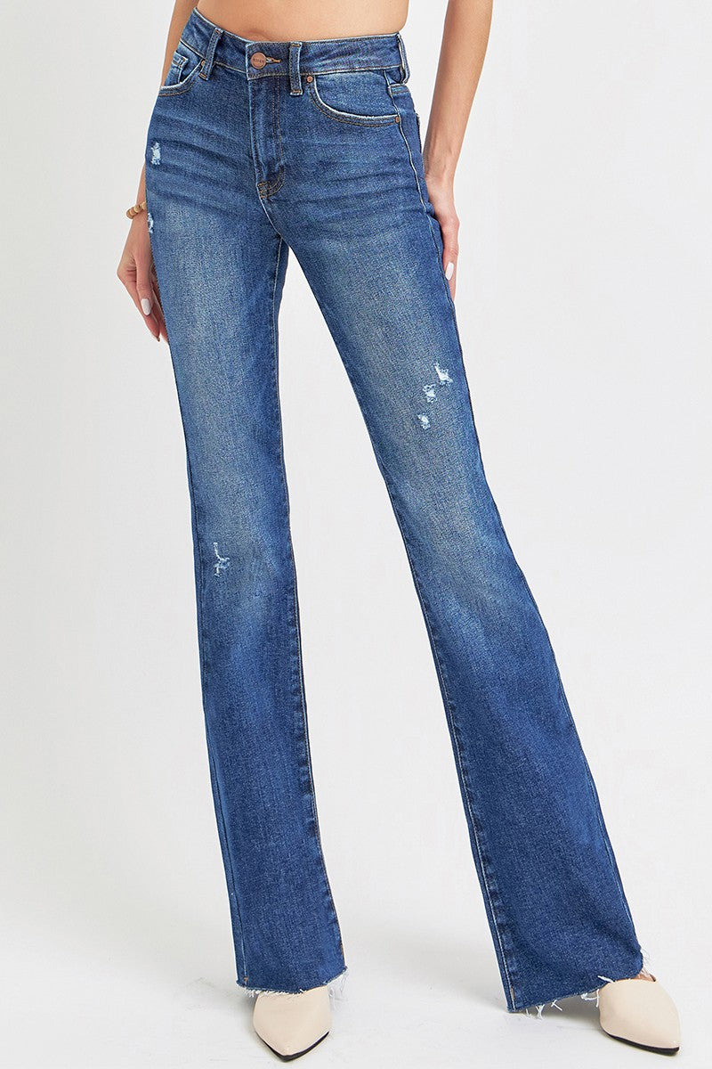 RISEN Mid-Rise Jeans Slim Fit Flare Leg Distressed Frayed Raw Hem Denim Pants Plus Size Available
