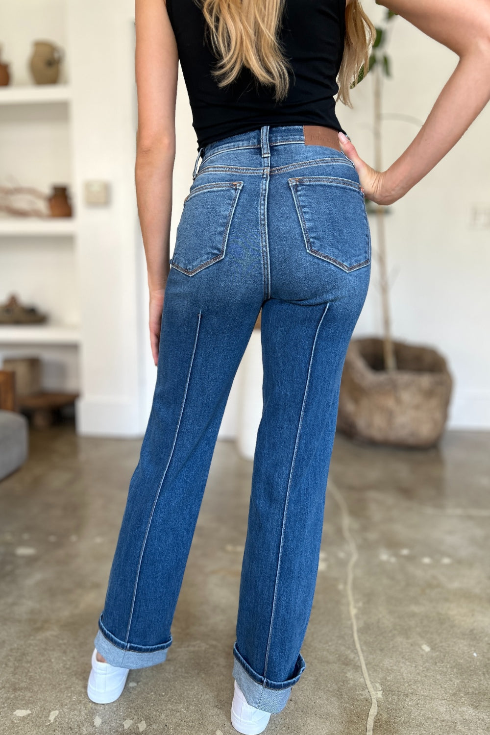 High-Rise Exposed Seam Straight Leg Jeans Dark Denim Pants Judy Blue