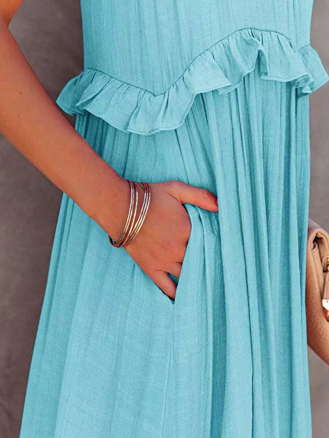 Ruffle Sleeveless Grecian Tie Back Tiered Summer Side Pocket Oversized High-Low Maxi Dress