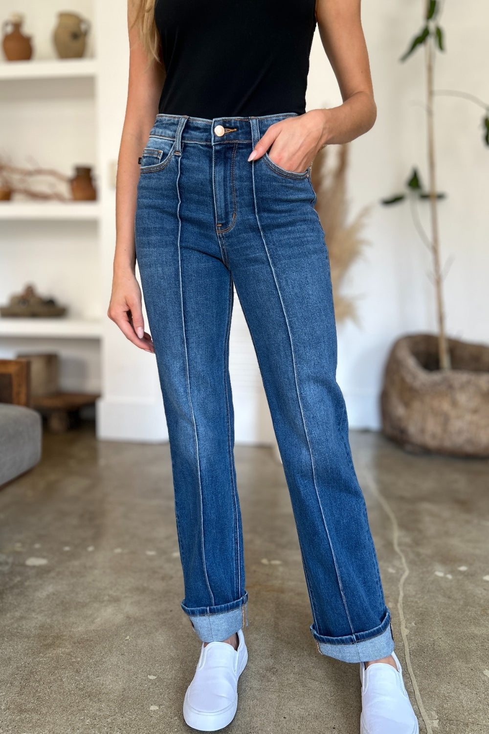 High-Rise Exposed Seam Straight Leg Jeans Dark Denim Pants Judy Blue