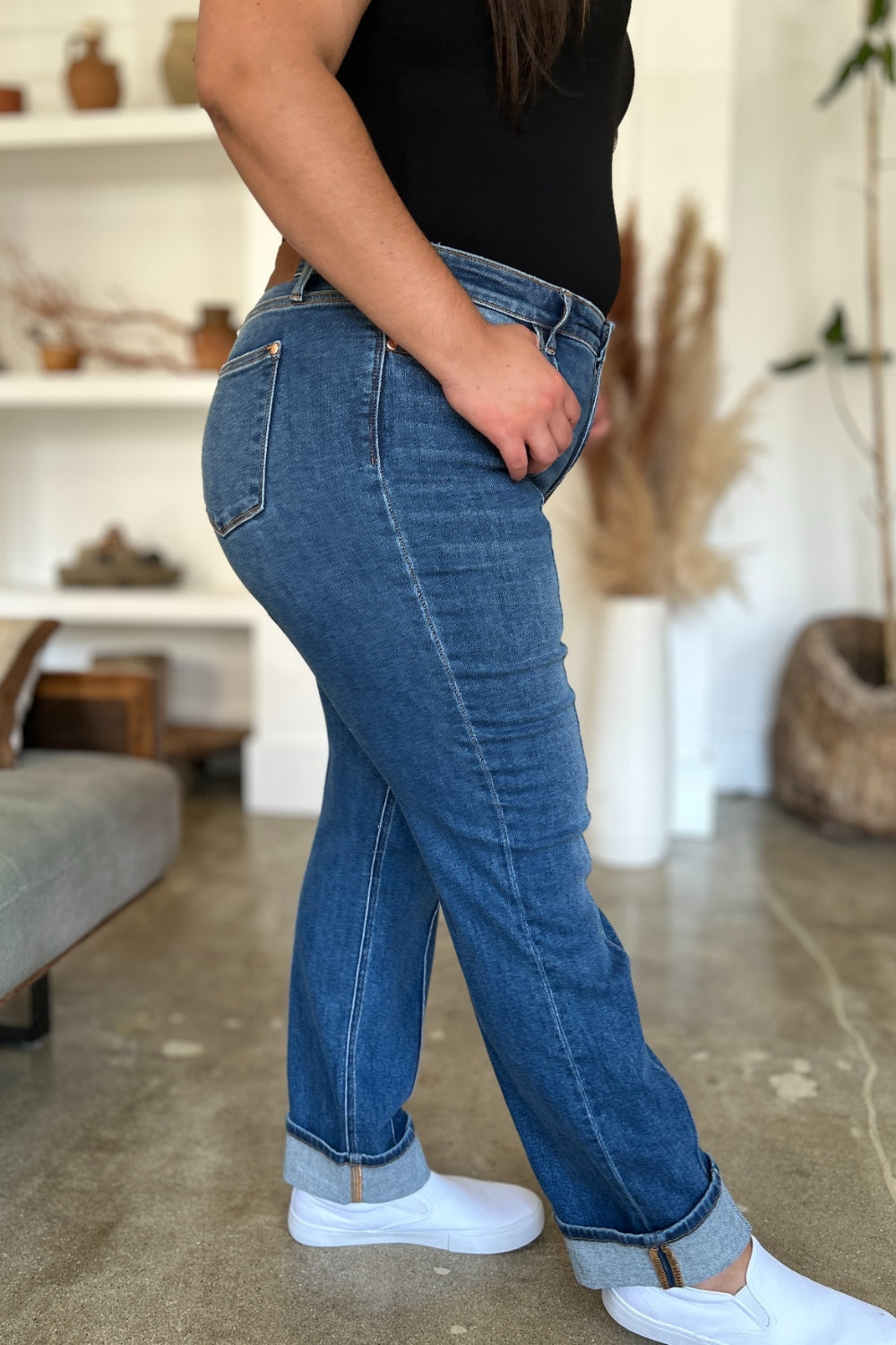 High-Rise Exposed Seam Straight Leg Jeans Dark Denim Pants Judy Blue