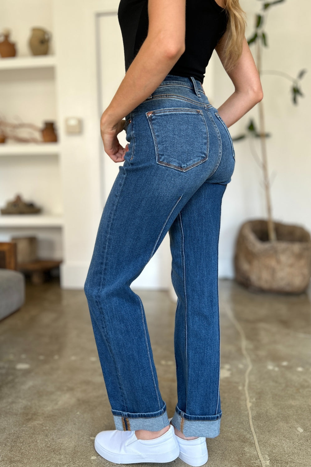 High-Rise Exposed Seam Straight Leg Jeans Dark Denim Pants Judy Blue