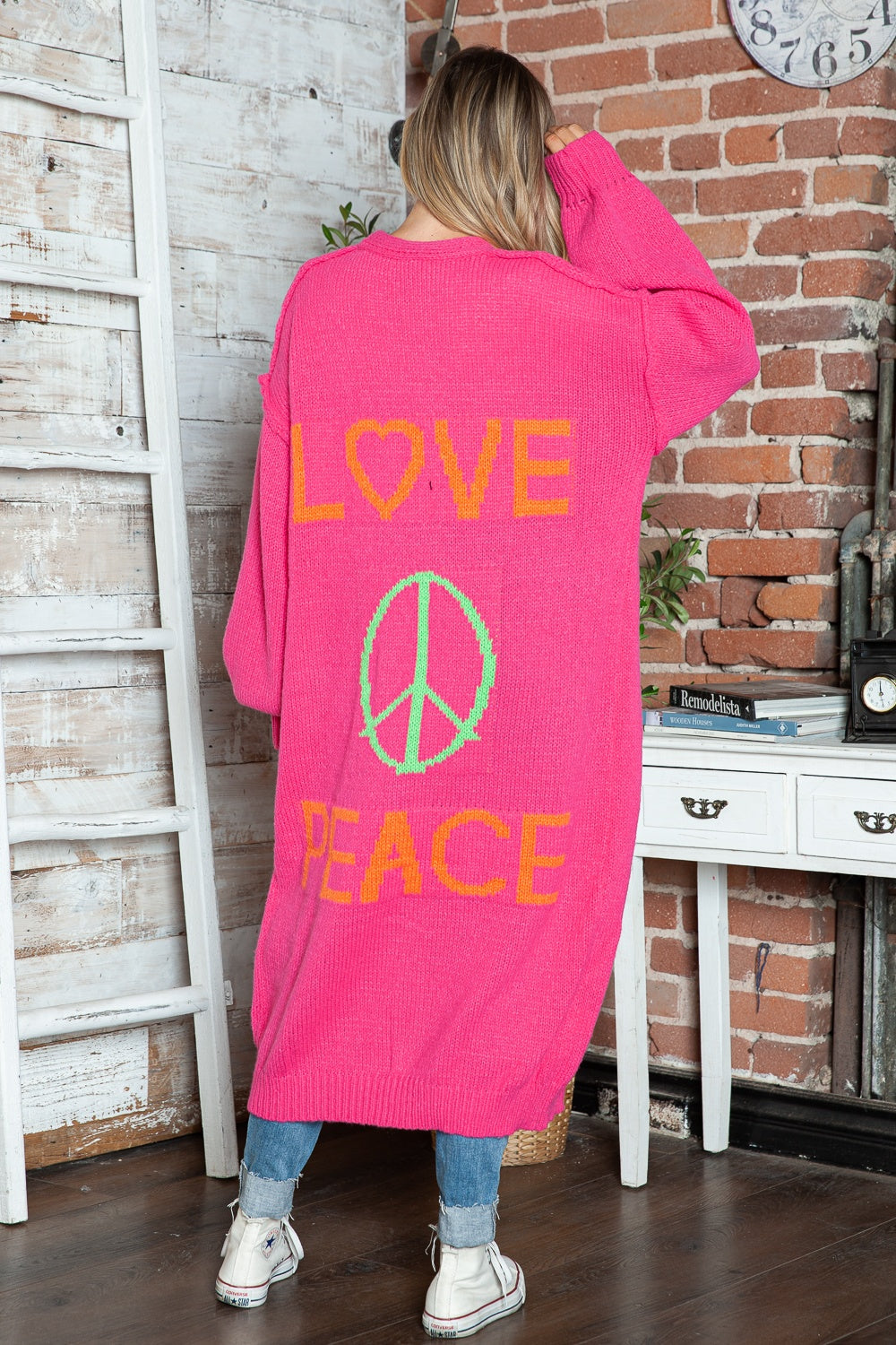 LOVE PEACE Oversized Knit Exposed Seam Longline Patch Pocket Duster Long Cardigan