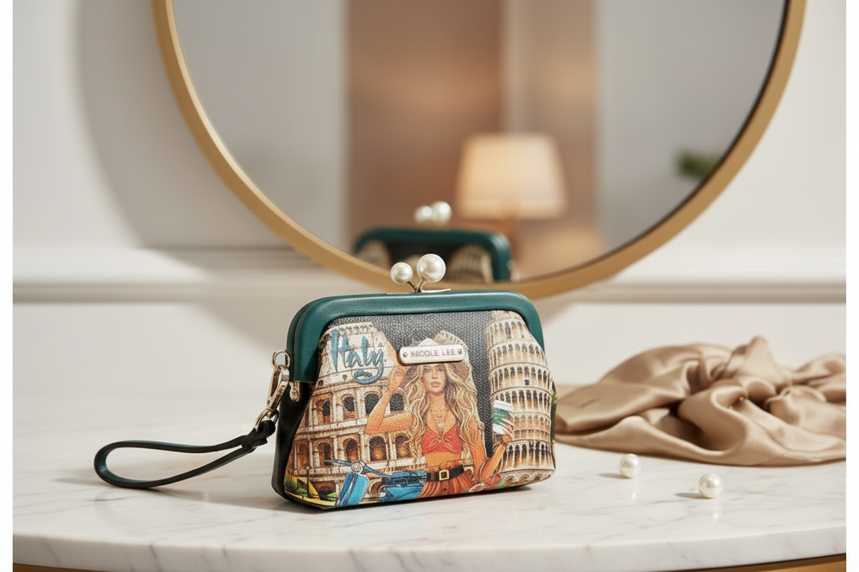 Nicole Lee Pearl Kiss-Lock Italy Wristlet Detachable Strap Chelsea Coin Purse Compact Wallet