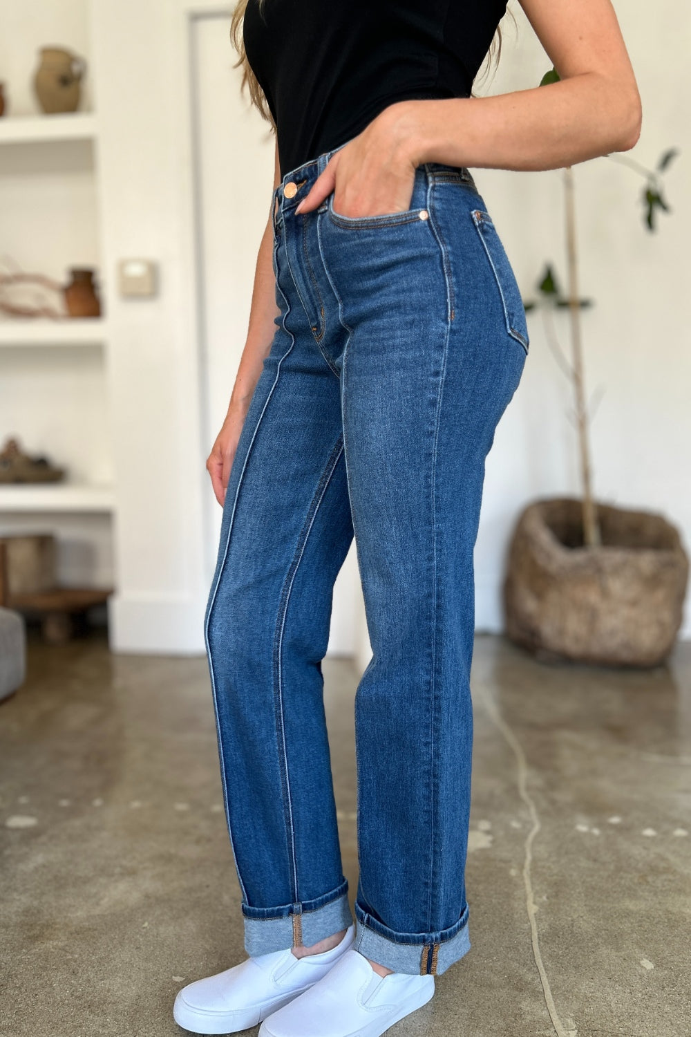 High-Rise Exposed Seam Straight Leg Jeans Dark Denim Pants Judy Blue