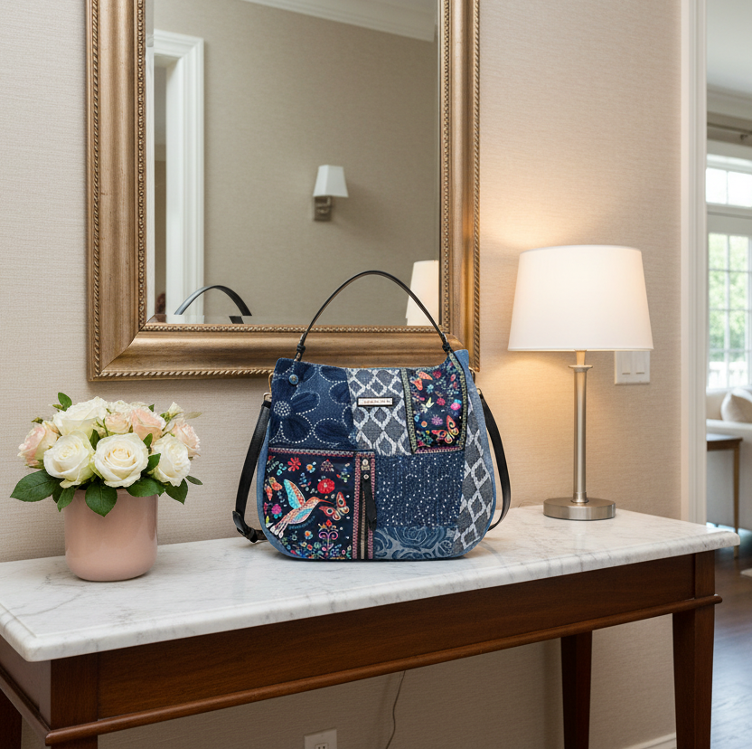 Nicole Lee Denim Patchwork Bosque de Amor Shoulder Bag Hobo Slouchy Purse Convertible Strap