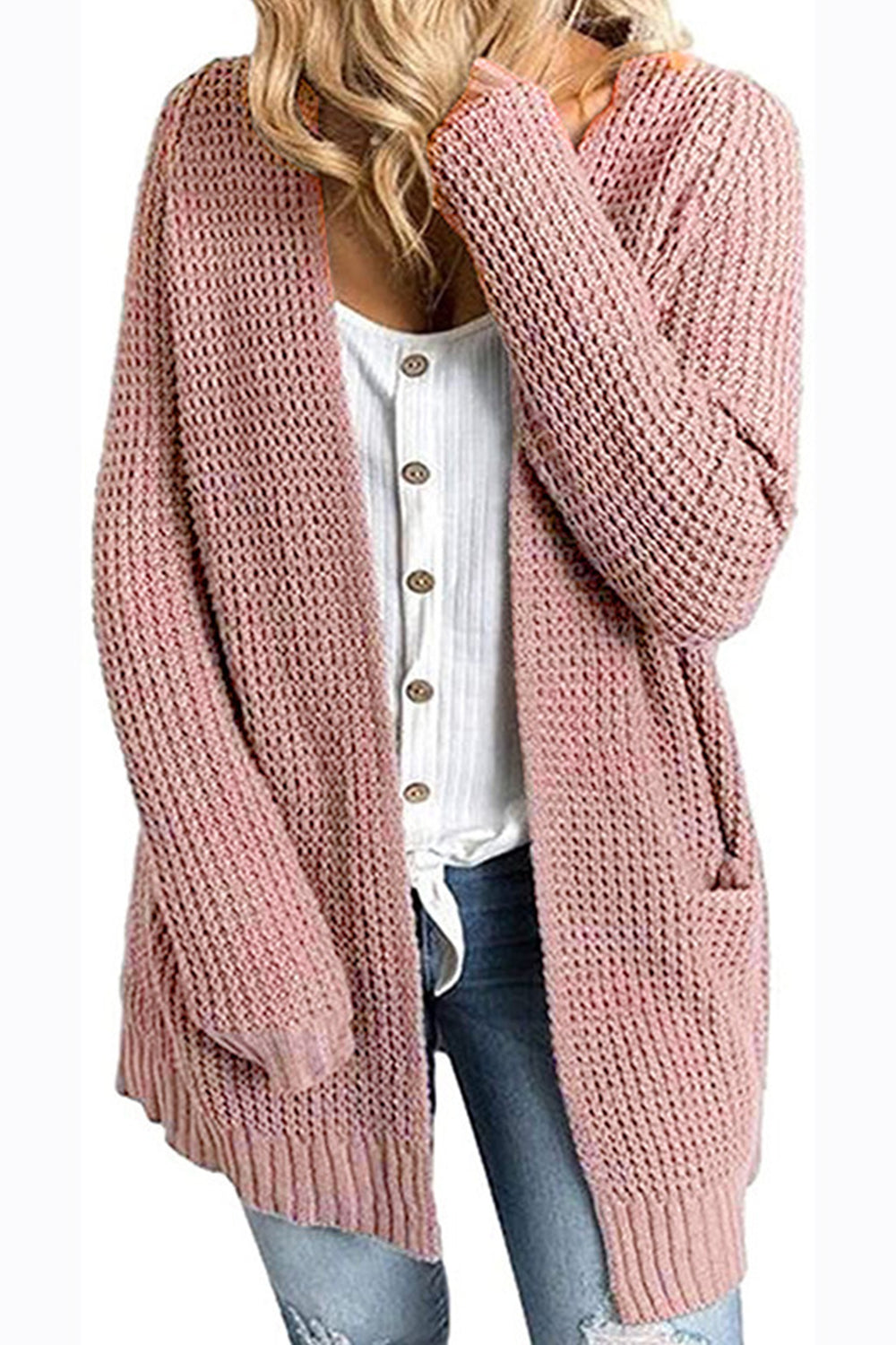 Waffle Knit Longline Open Front Sweater Pocket Cardigan