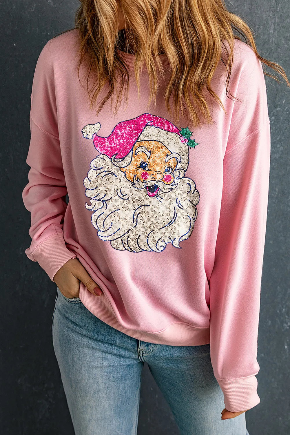 Sparkling Retro Santa Graphic Long Sleeve Crew Neck Sweatshirt Christmas Pullover Top