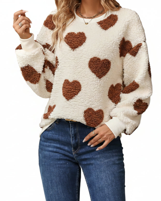 Fuzzy Teddy Sherpa Contrast Heart Crew Neck Top Long Sleeve Pullover Sweatshirt