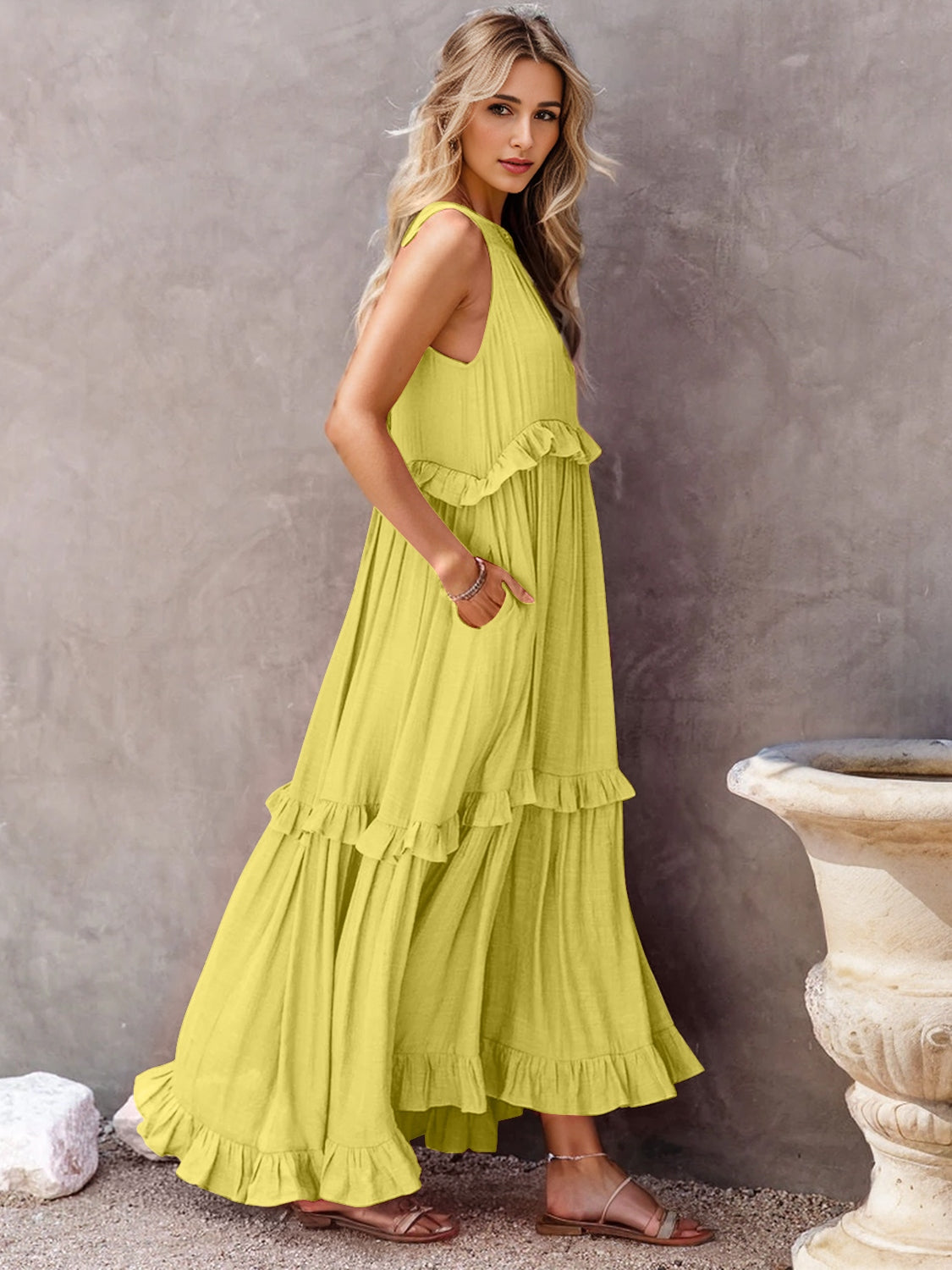 Ruffle Sleeveless Grecian Tie Back Tiered Summer Side Pocket Oversized High-Low Maxi Dress