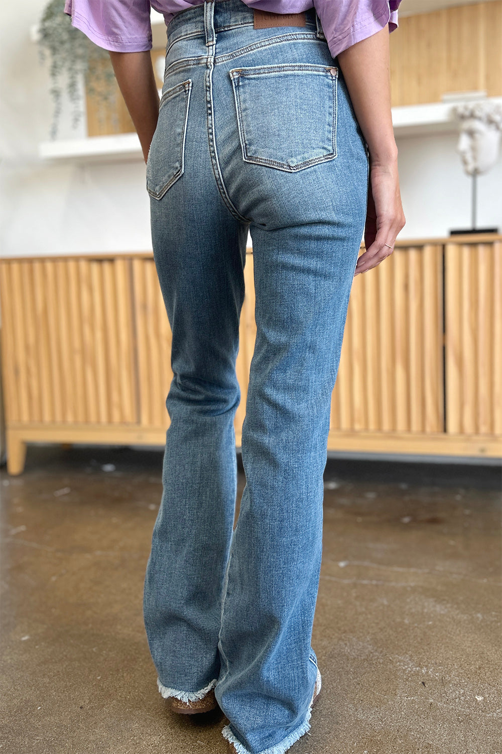 Retro 90s Distressed Bootcut Jeans Torn Hem Mid-Rise Denim Pants Judy Blue