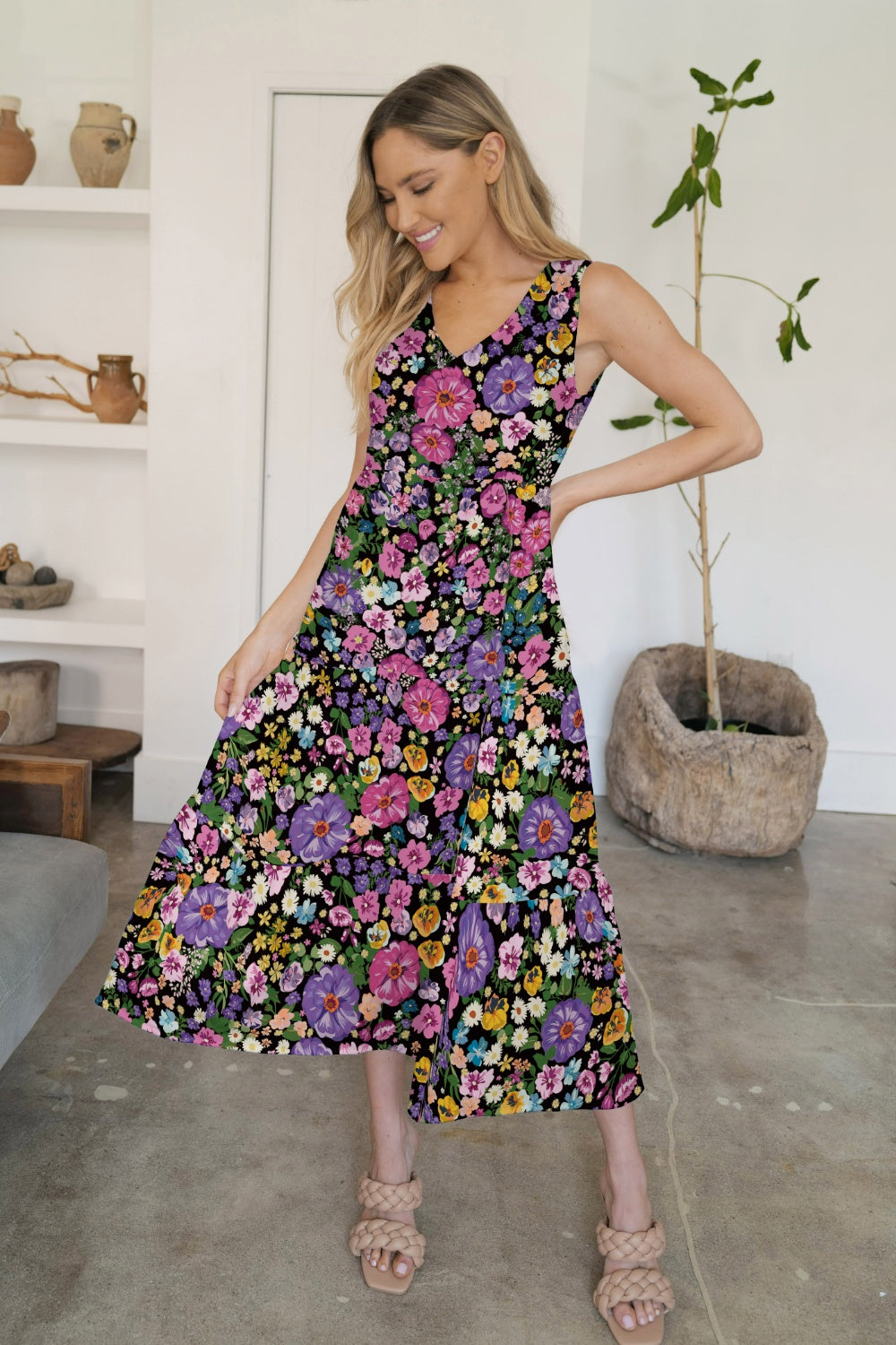 Bold Colorful Retro Floral Sleeveless Tiered V-Neck Oversized Summer Maxi Dress